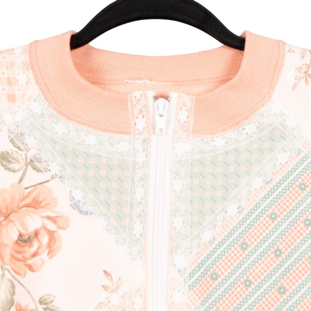 Patchwork Cardigan Sweatshirt M Peach Lace Floral Zip Checked 90s Mom Grammacore - Picture 4 of 5